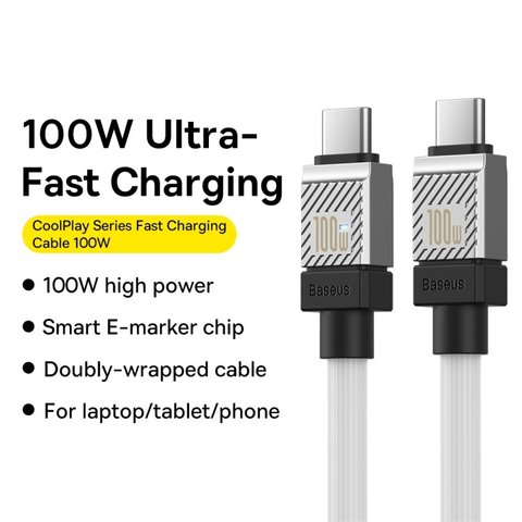 Cable USB Baseus Coolplay Series, 2xUSB tipo-C, 100 cm, 100 W, blanco, de silicona, #CAKW000202 Vista previa  2