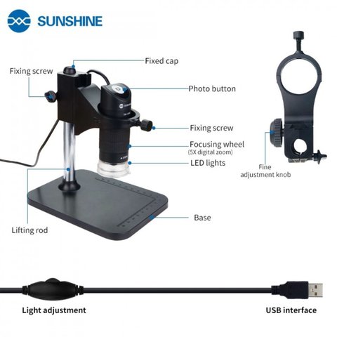 Microscopio Sunshine DM-1000S, USB, 2.0 MP, iluminación superior, hasta 1000X Vista previa  6