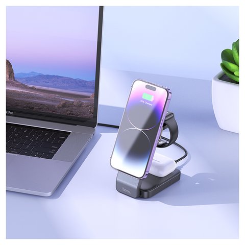 Безпровідний зарядний пристрій Hoco CQ3 3-in-1, Quick Charge, чорне, USB тип-C, 15 Вт, розкладне, портативний, магнітне, #6942007602334 Прев'ю 2