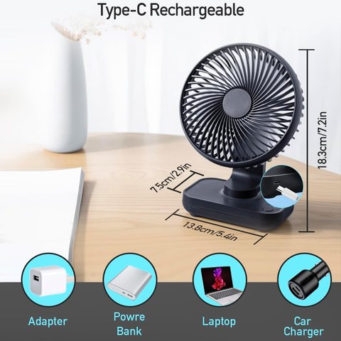 Вентилятор D606, черный, с держателем, с аккумулятором, настольный, USB тип-C Превью 1